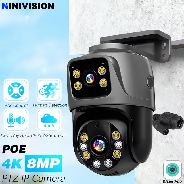 NINIVISION 4K 8MP HD PoE PTZ Outdoor IP Kamera mit Dual Objektiv, Dual Screen und KI Menschlicher Erkennung, iCSee CCTV Überwachung mit Audio und Video - Bild 1