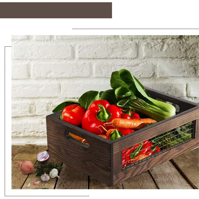 2er-Set Aufbewahrungskorb aus massivem Holz von CH CACILLO in Khaki, Vintage Organizer für Küche, Obst und Gemüse - Bild 2