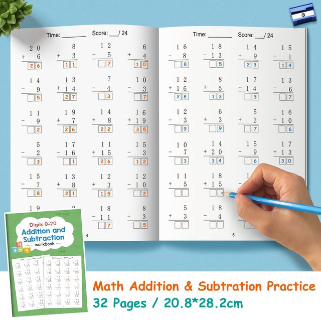 Arbeitsbuch Mathe für Kinder: 32 Seiten zum Üben von Addition und Subtraktion bis 20 für geistiges Kopfrechnen - Bild 1