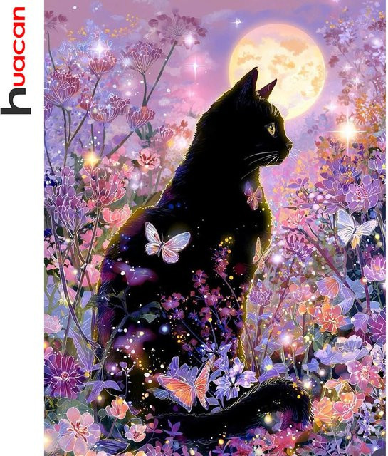 Huacan 5D DIY Diamantmalerei Katze am Mond als Diamantmosaik Tier-Landschaft Wanddekoration, Mehrfarbig, Durchmesser: 30 cm - Bild 1