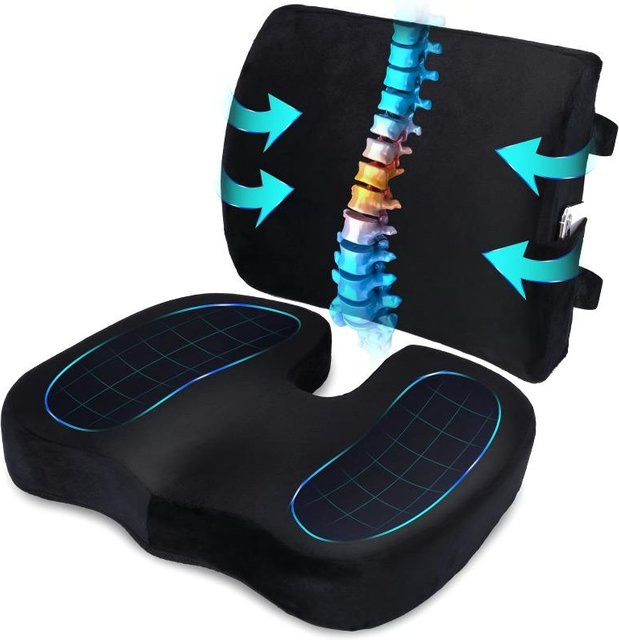 Orthopädisches Sitzkissen und Lordosenstützkissen Set aus Gedächtnisschaum in Schwarz, B/T/H: 33,5 x 30 x 11,5 cm - Bild 1