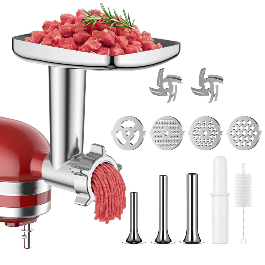 Gvode Metall-Fleischwolf-Aufsatz für KitchenAid Standmixer in Silber mit 4 Mahlplatten, 3 Wurstfüllern und 2 Klingen - Bild 5