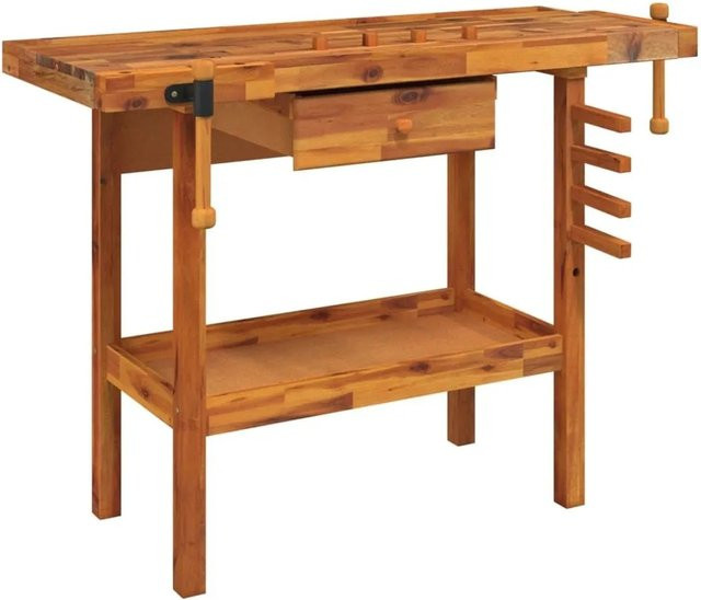 vidaXL Werkbank aus Massivholz Akazie mit Schublade und Schraubstöcken, Farbe: Braun, B/T/H: 124 x 52 x 83 cm - Bild 1