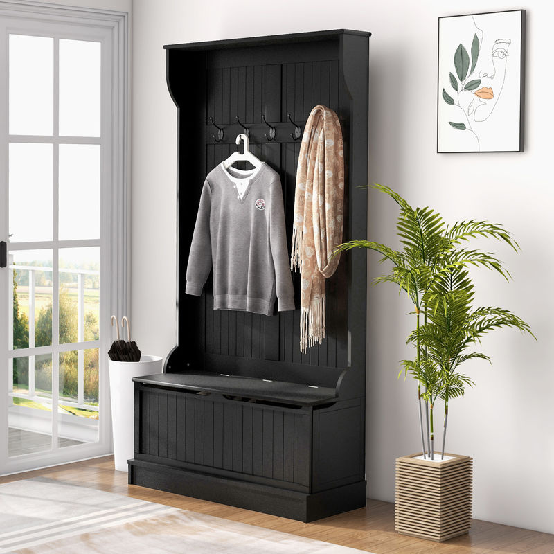 HOMCOM Garderobenständer mit Schuhbank und 5 Haken in Schwarz, moderner Halltree für Flur und Schlafzimmer, B/T/H: 96 x 34 x 179,7 cm - Bild 2