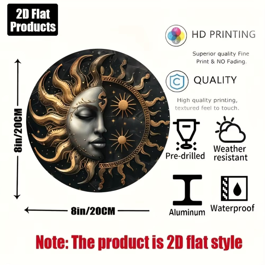 CIFBUY Rundes Aluminiumschild mit Sonnen- und Mond-Motiv in Multicolour, Metallkunst-Wanddeko im Boho-Stil, Durchmesser: 20,32 cm - Bild 2