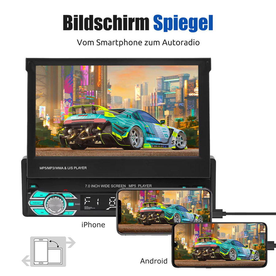 MOPECT Kabelloses 7 Zoll Autoradio mit CarPlay und Android Auto, 1 DIN MP5-Player mit ausziehbarem Touchscreen, WIFI und AUX-Eingang, Schwarz - Bild 5