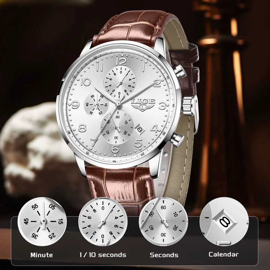 LIGE Armbanduhr Chronograph, Quarz, Leder, Schwarz, Herren - Bild 4