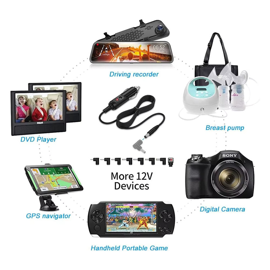 Universal-Autoladegerät-Netzkabel 24 W 12 V in Schwarz mit 8 DC-Adaptern für tragbare DVD-Player, GPS und LED-Licht - Bild 2