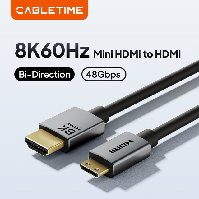 CABLETIME Mini-HDMI-zu-HDMI-Kabel HDMI 2.1 in Schwarz für 8K 60Hz und 48Gbps Hochgeschwindigkeits-Übertragung - Bild 1