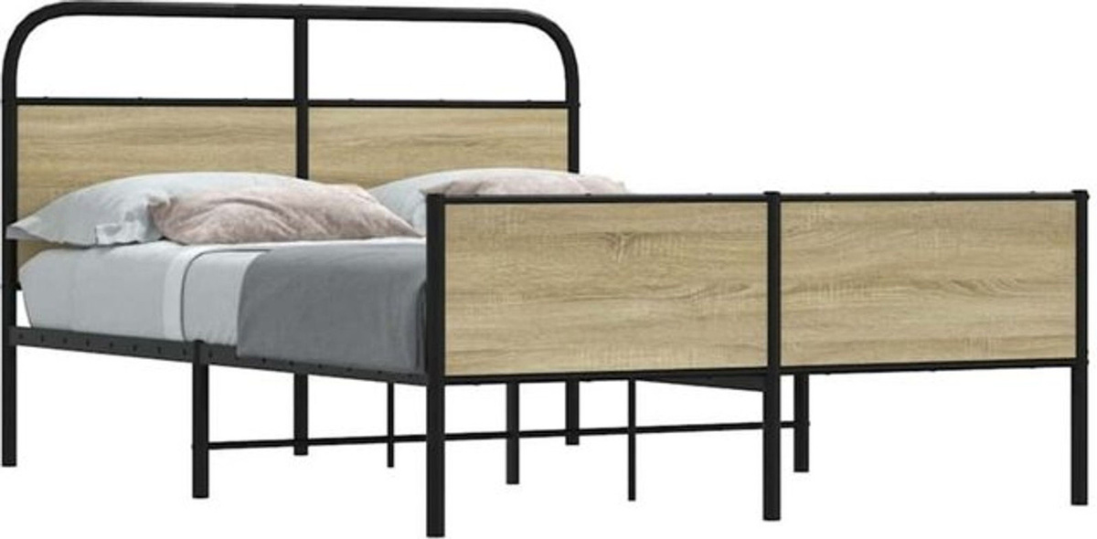 Bettgestell ohne Matratze von Vidaxl in Eiche Natur und Braun aus Holzwerkstoff und Stahl im Industrial-Design B/T/H: 135 x 190 cm - Bild 1