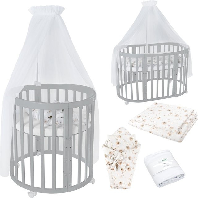 Waldin Babybett OWAL 7in1 Kinderbett aus Buchenholz mit Matratze, mitwachsendes Kinderbett, lackiert - Bild 1