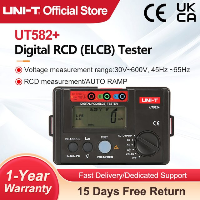 UNI-T UT582 Digitaler RCD ELCB Tester mit Auto Ramp Funktion in Schwarz - Bild 1