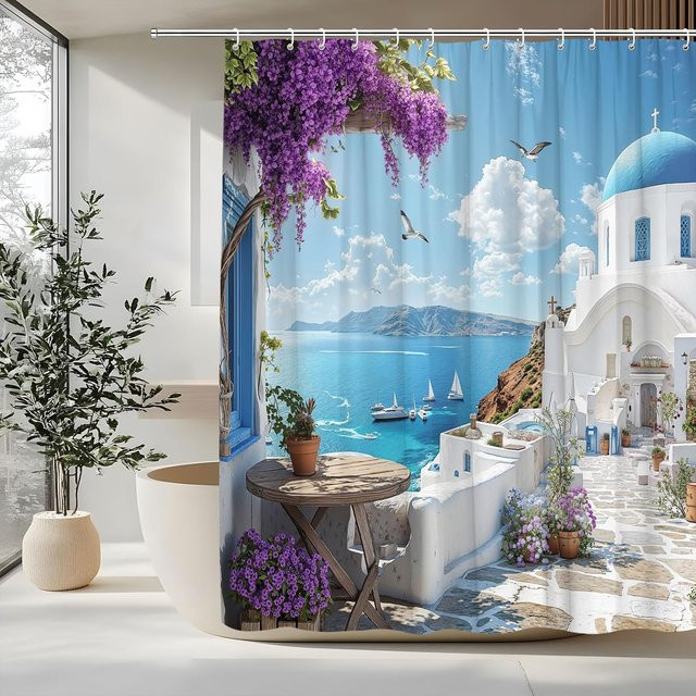 Monika Chen Duschvorhang Griechische Gasse in Weiß und Multicolour aus Polyester, B: 150 cm, H: 180 cm - Bild 1