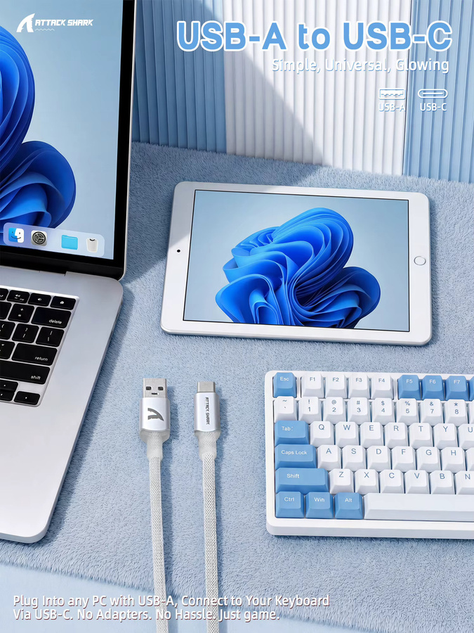 Attack Shark C01ULTIMATE Spiralförmiges USB-C Mechanisches Gaming-Tastaturkabel mit RGB, Typ-C zu USB-A und abnehmbarem Metall-Aviator-Stecker, Farbe: Weiß - Bild 2
