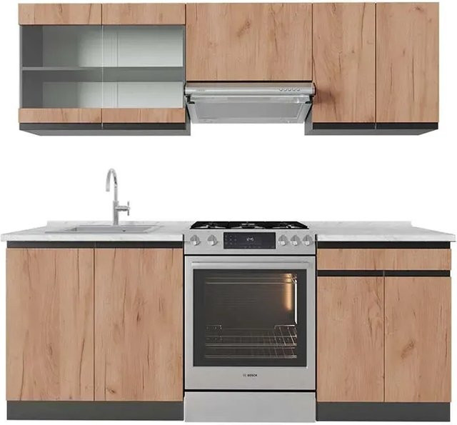 Vicco R-Line Küchenzeile Goldkraft Eiche/Anthrazit mit Marmor Opt, Breite: 200 cm - Bild 1