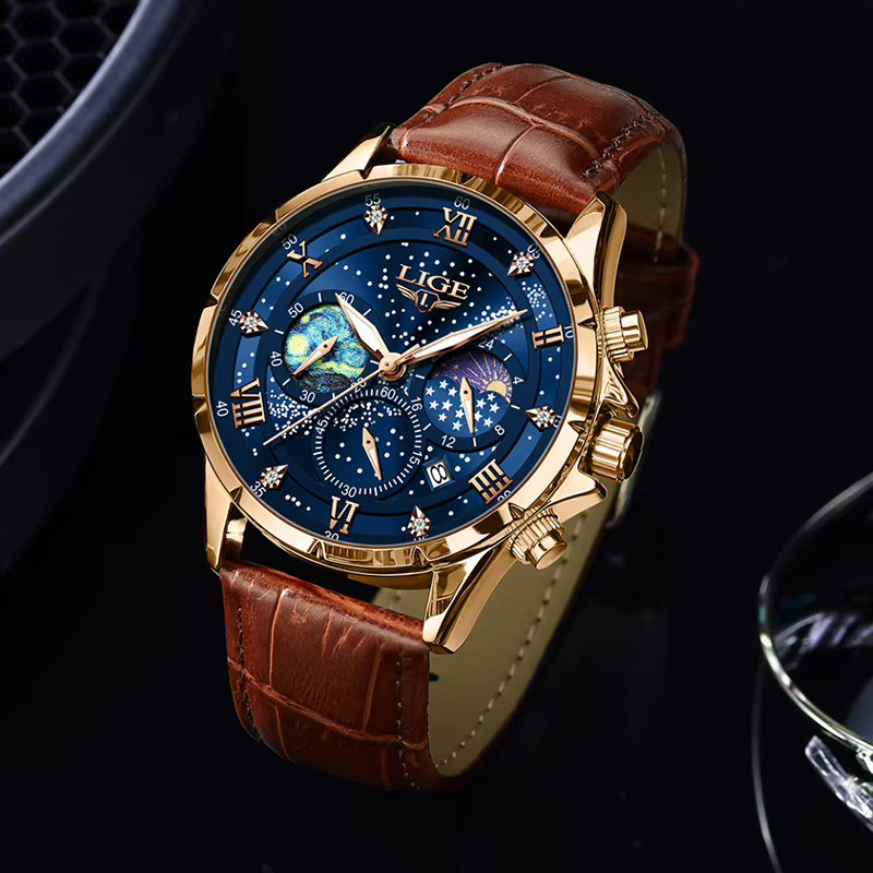 Lige Chronograph, Quarz, Leder, Herren, Blau, Gold, Datum - Bild 2
