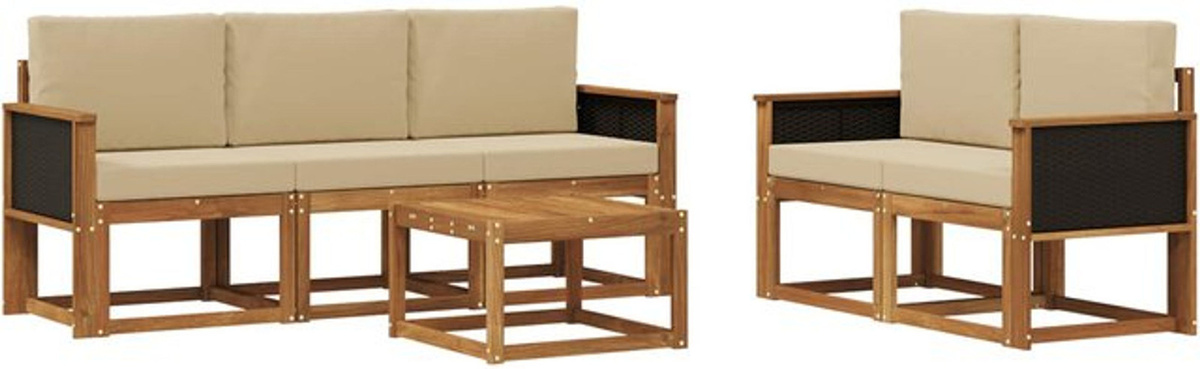 Modernes Outdoor-Sofagarnitur Set aus Akazie Holz mit Kissen in Natur und Beige von vidaXL, 6-teiliges Loungemöbel-Set - Bild 1