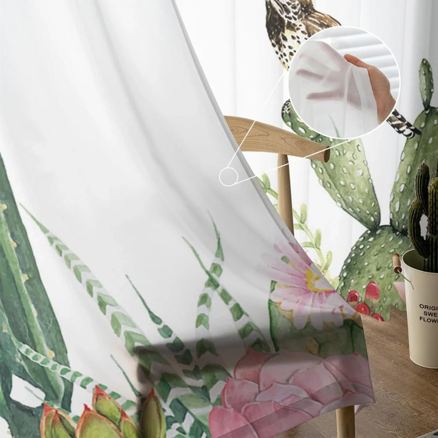 Yiran Furniture Transparente Voile-Vorhänge mit Vogel, Blumen, Sukkulenten und Schmetterlingen in Weiß, Breite: 135 cm, Höhe: 115 cm - Bild 2