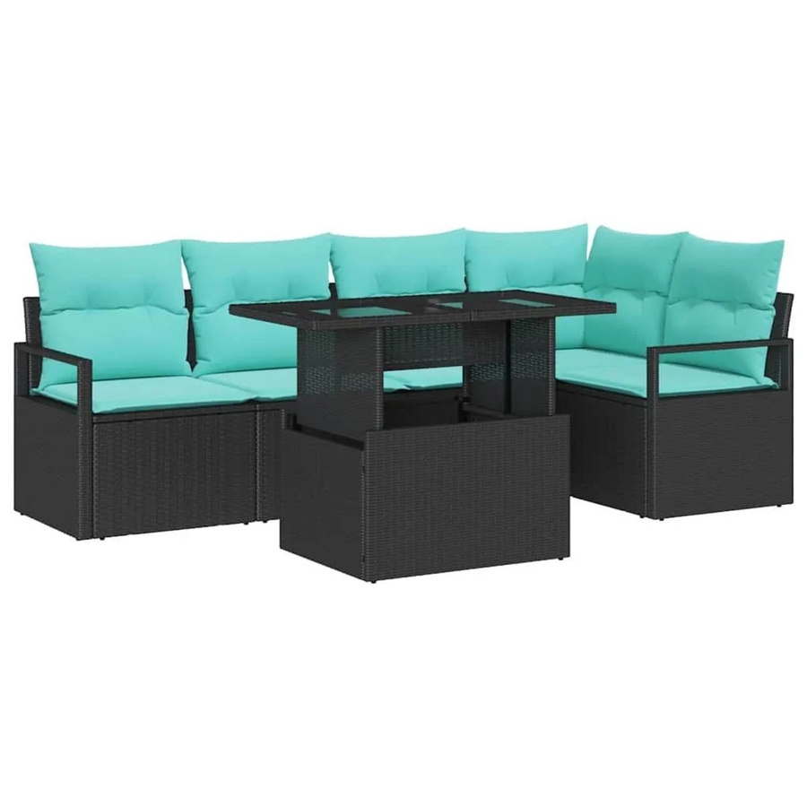 vidaXL Garten-Sofa-Set aus Poly-Rattan in L-Form, 6-teilig mit Kissen, Schwarz und Blau - Bild 2