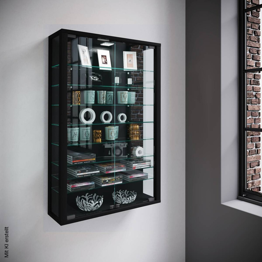 VCM Wandvitrine Vitrosa Mini in Schwarz mit LED-Beleuchtung und Glasregalen, B/T/H: 59 x 18 x 90 cm - Bild 3