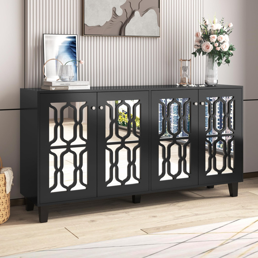 Moderne Sideboard Kommode von Flieks mit Spiegel und 4 Türen in Schwarz, B/H/T: 160 x 84 x 40 cm - Bild 3