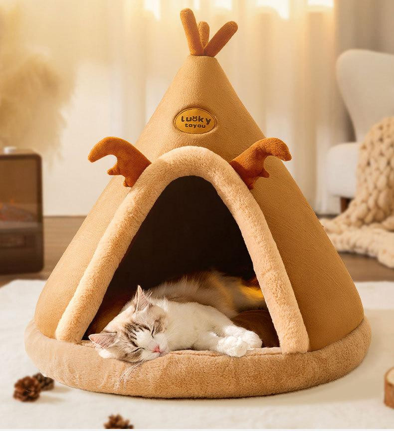 Gemütliches Weihnachts-Zelt für Hunde und Katzen als weiche Schlafhütte in Grau aus Baumwolle und Korallensamt, Waschbares Haustier-Nest für kleine und mittlere Tiere - Bild 2