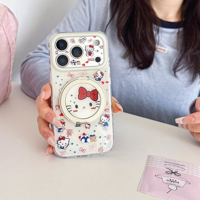 Sanrio Hello Kitty Handyhülle mit 360 Grad drehbarem Ringhalter und Schleife für iPhone 17 16 15 14 13 Pro Max - Bild 1