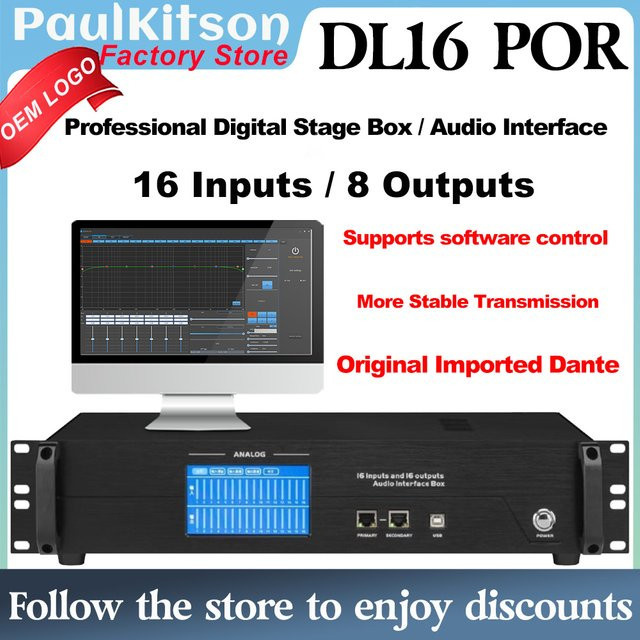 Paulkitson DL16 PRO Digital Audio Interface Stage Box mit Dante Protokoll, 16 In 8 Out und DSP Prozessor, Schwarz - Bild 1