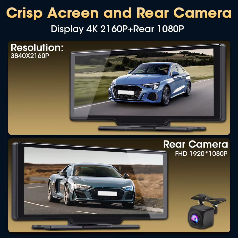 srnubi Dash Cam mit 10,26 Zoll Display, 4K Video Recorder mit Wireless CarPlay und Android Auto, Rückfahrkamera, Navigation Player mit Wi-Fi und AUX, Schwarz - Bild 4