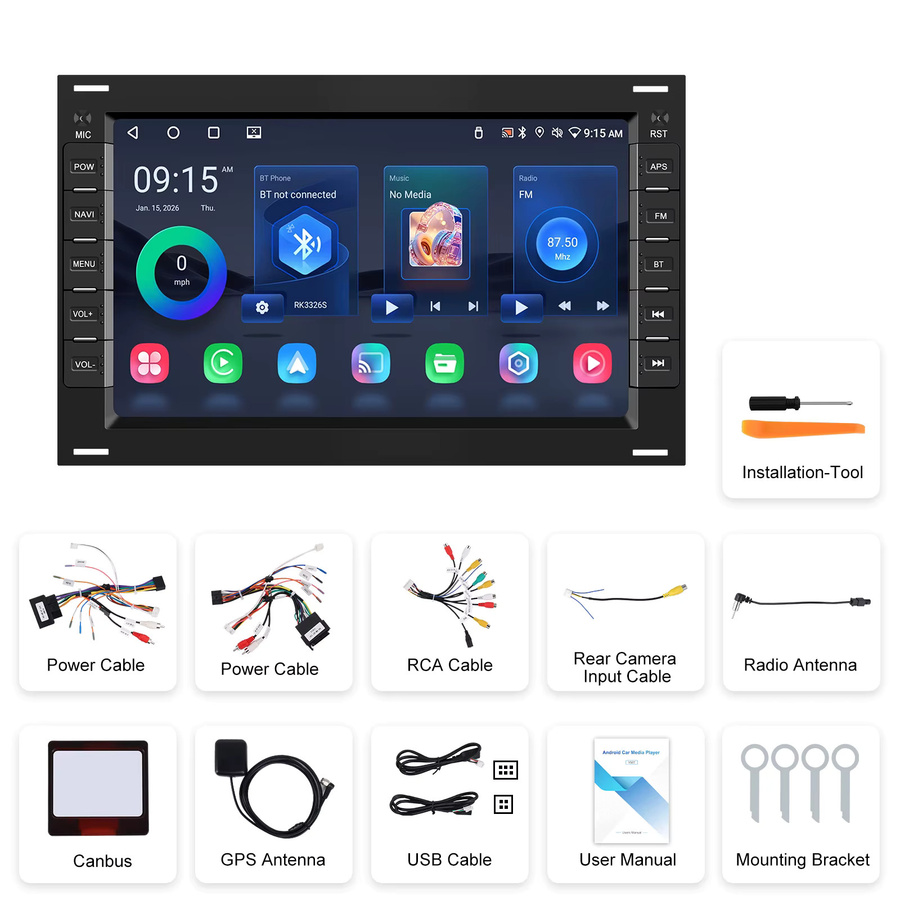 Podofo Universal 2 Din Android Autoradio mit 7 Zoll Display, Wireless CarPlay und Android Auto, 2+64G, Schwarz - Bild 4