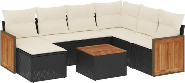 vidaXL 8-tlg Garten-Sofagarnitur in L-Form aus Poly-Rattan und Akazienholz mit Kissen in Schwarz - Bild 1