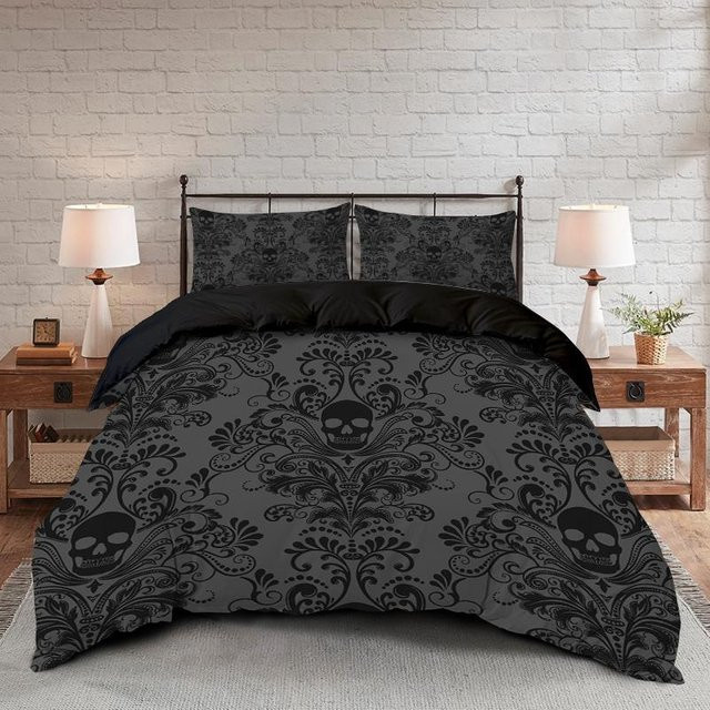 3-teiliges Bettwäscheset JMG Household Supplies mit Totenkopf-Blumen-Muster in Schwarz und Grau, bestehend aus 1 Bettbezug und 2 Kissenbezügen, B/T/H: 135 x 200 cm - Bild 1