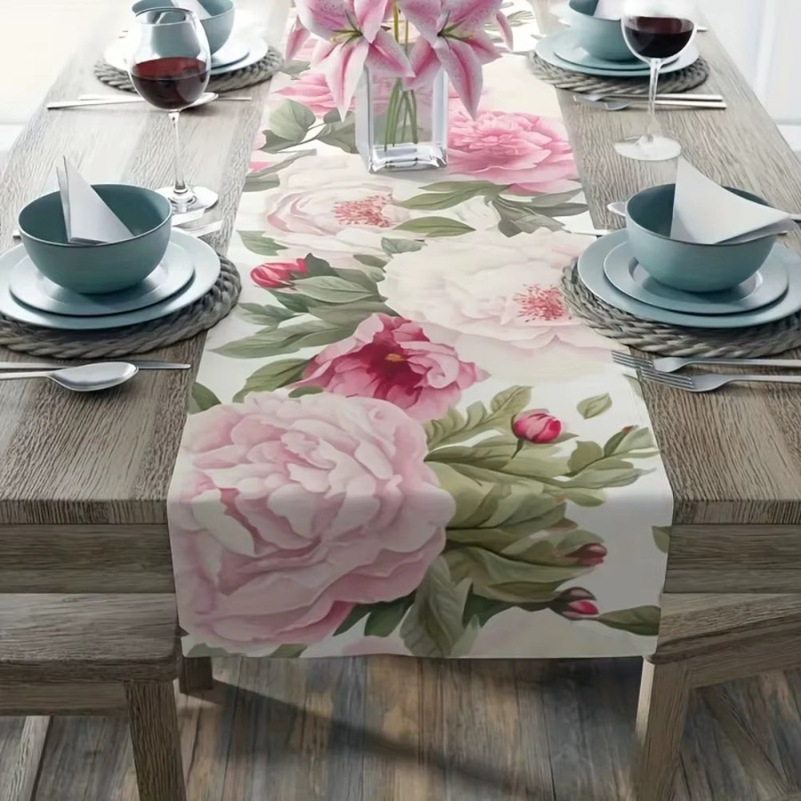 VIKAMA Tischläufer mit Blumenmuster in Weiß aus Baumwolle und Leinen für Frühling und Sommer, B/H: 90 x 33 cm - Bild 1