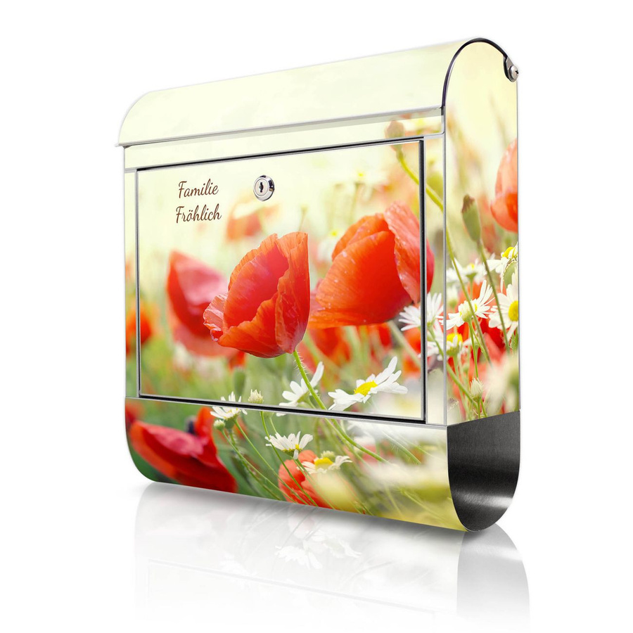 banjado Wandbriefkasten aus 18/0 Edelstahl mit Zeitungsfach und Motiv Kamille Und Mohn, Farbe: Multicolour, B/T/H: 38 x 12,5 x 43 cm - Bild 1