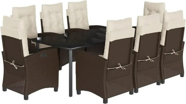 vidaXL 9-teilige Garten-Essgruppe aus Poly Rattan in Braun mit Kissen und Glastisch - Bild 1