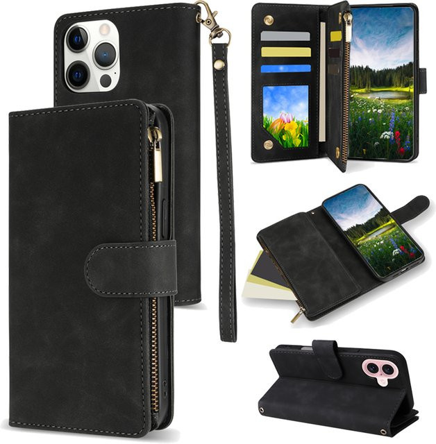 Magnetische Lederhülle mit Multikarten-Slot und Reißverschluss-Brieftasche für Samsung Galaxy S26 Ultra S25 FE A56 A57 A37 A36 A27 A26 A17 A16 in Schwarz oder Rot - Bild 1