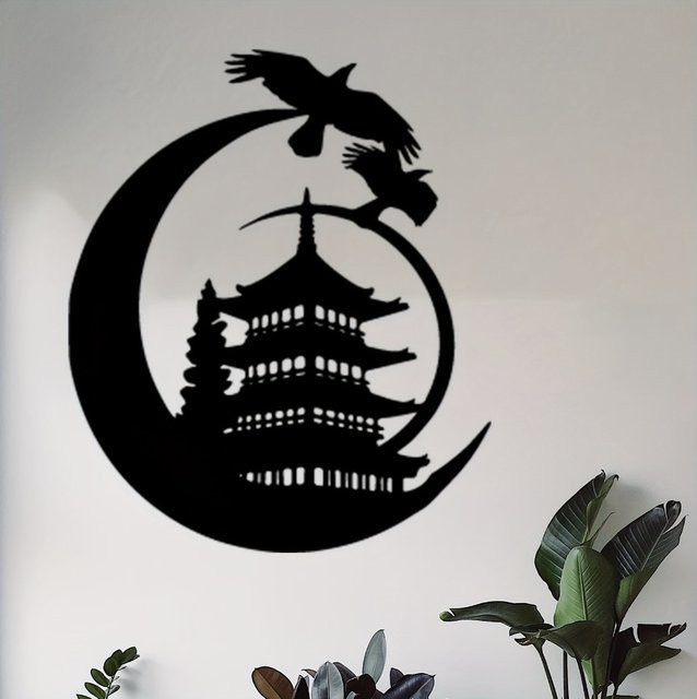 CIFBUY Pagoden-Krähe Wandkunst aus Metall in Schwarz – Asiatische Tier-Dekoration für Wand und Garten - Bild 1
