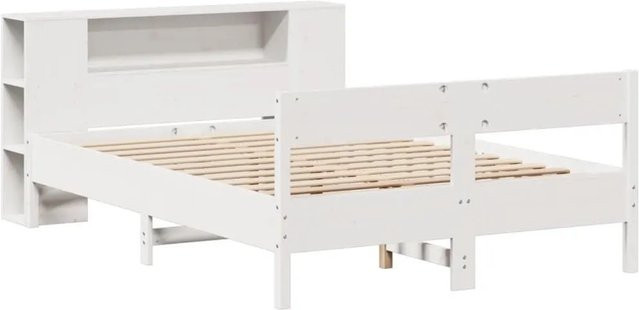 vidaXL Massivholzbett aus Kiefer mit Regal in Weiß, B/T/H: 140 x 190 x 24 cm, rustikaler Stil ohne Matratze - Bild 1