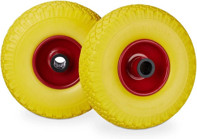 Relaxdays 2er Set Sackkarrenrad aus PU-Gummi und Stahl, pannensicher, Gelb und Rot, Durchmesser: 26 cm, Breite: 8,5 cm - Bild 1