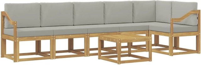 vidaXL Outdoor-Sofagarnitur 7-teilig aus Akazienholz in Weiß, Grau und Braun mit Kissen und L-Form - Bild 1