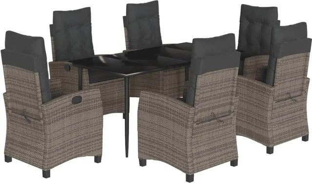 vidaXL 7-teilige Garten-Essgruppe aus Poly Rattan mit Kissen in Grau und Glastisch - Bild 1