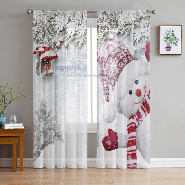 Weihnachten Winter Schneemann Transparente Tüll Vorhänge aus Polyester in Weiß, Breite: 135 cm, Höhe: 115 cm - Bild 1