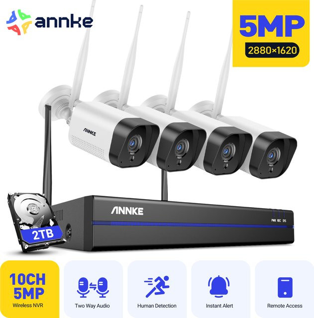 ANNKE 5MP WiFi CCTV Überwachungssystem mit 10CH NVR, kabellose Outdoor IP Kameras mit Zwei-Wege-Audio in Weiß - Bild 1