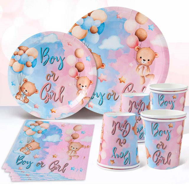 Wayfun Teddybär Babyparty Einweggeschirr-Set aus Papier in Rosa und Blau mit Desserttellern und Servietten für Gender Reveal Partys - Bild 1