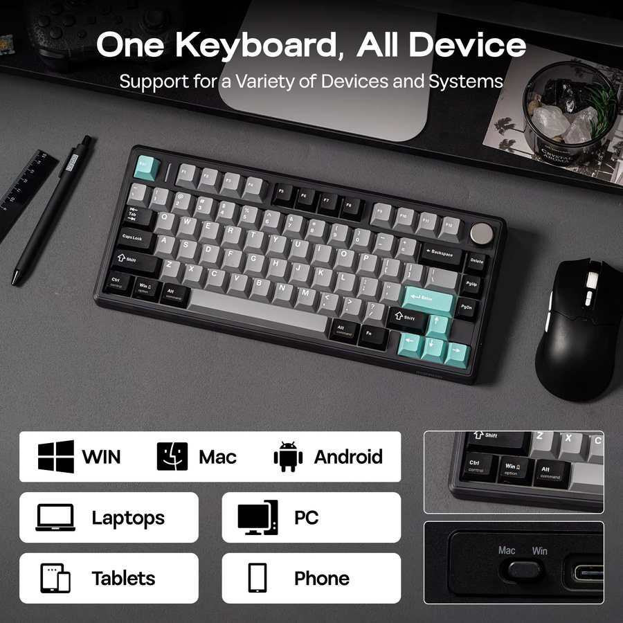 EPOMAKER TH80 V2 Mechanische Gaming-Tastatur 75% ANSI US Layout mit Drehregler und programmierbaren Tasten, Weiß, Kabellos via Bluetooth/2,4GHz oder Kabelgebunden - Bild 4