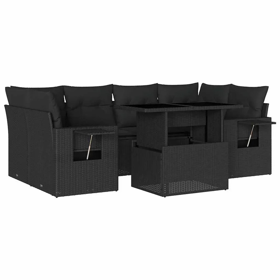 vidaXL 7-teilige Garten-Sofagarnitur in L-Form aus schwarzem Poly-Rattan mit Kissen und pulverbeschichtetem Stahlgestell - Bild 2
