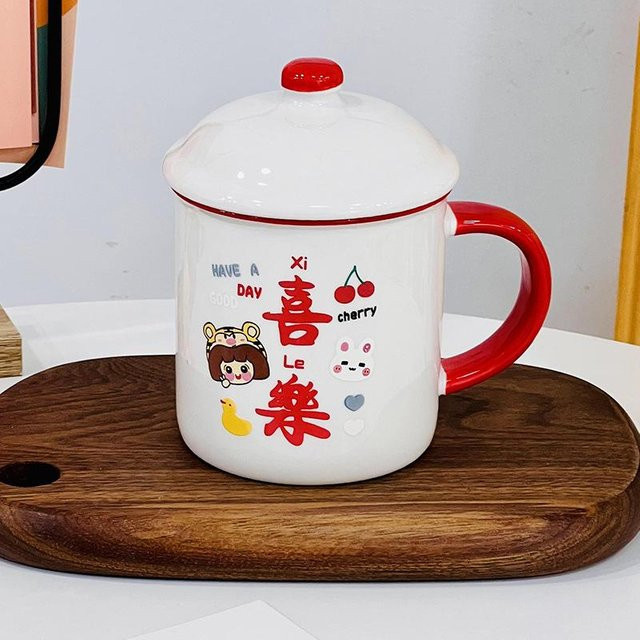Yiran Furniture Keramiktasse mit Deckel Bär Cartoon Design, Weiß, 480 ml - Bild 1