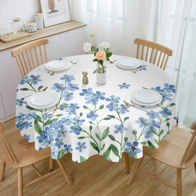 Runde Tischdecke mit blauem Frühlings-Aquarell-Blumenmuster und 6 passenden Stuhlhussen von Your Warm Home, wasserabweisend und waschbar - Bild 1