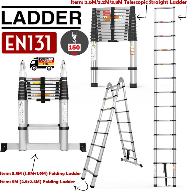 Teleskopleiter aus Edelstahl in Silber, rutschfeste Ausziehleiter mit 150 kg Belastbarkeit - Bild 1