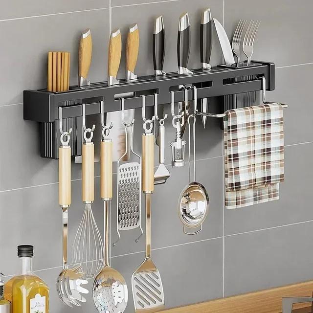 Wandmontiertes Messerhalter-Regal aus Edelstahl mit Haken in Schwarz - Bild 1